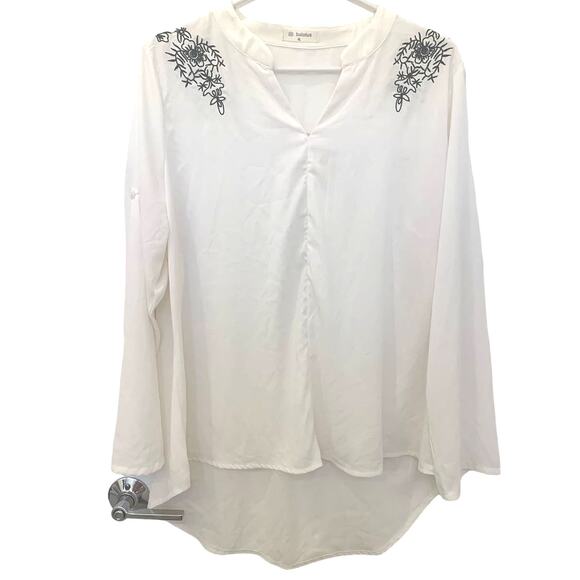 Bulolus Long Minimalist Top XL Ivory w Black Embroidery Crepe Hi Low Roll Tab - Picture 1 of 10